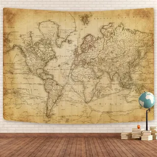 Wandteppich mit alter Weltkarte, Vintage-Weltkarte, geografische Verteilung, Wandbehang, brauner historischer Atlas, pädagogisches Poster, Klassenzimmer, große Wandteppiche, Bürodekoration, 90 x 70 cm