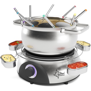 SUNTEC Fondue elektrisch für bis zu 8 Personen – Set mit Gabeln + Spritzschutz + Saucen Halterung – Als Raclette Alternative – Topf für Käse + Schokolade + Fett – Edelstahl Fondueset FON-8014 V2A