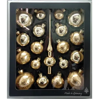 Thüringer Glasdesign - Kugel Set aus Glas inkl. Aufhänger und Spitze, Glanz und matt, Christbaumkugeln, Christbaumschmuck, Dekoration, Honig/Gold