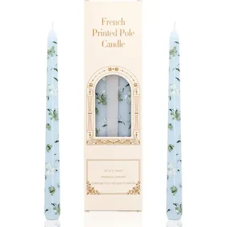 Stabkerzen Bedruckt, 25cm Tafelkerzen konische Kerzen, Tropffrei Brenndauer 7 Stunden Kerzen Geeignet für Kerzenständer Tischdekoration Nachmittagstee Dekoration 2 Stück (Hellblau Weiße Blumen)