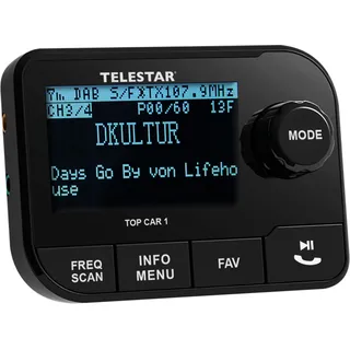Telestar TOP CAR 1 – DAB+ Adapter für Autoradios (FM-Transmitter, Line-Out-Anschluss, Bluetooth Audio-Streaming, microSD-Slot, 2,3′′ Display, Saughalterung) – Schwarz