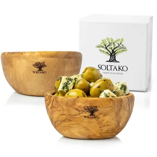 SOLTAKO Premium Servierschale aus Olivenholz - 2er Set, 10 cm | Servierschalen für Müsli, Dips, Saucen, Snacks & Tapas - handgefertigt aus massivem Olivenholz mit natürlicher Maserung