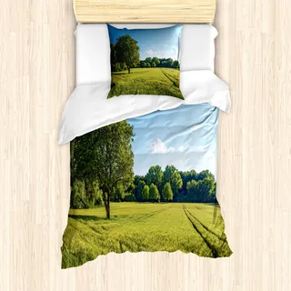 ABAKUHAUS Wald Mantele, Uplifting-Natur-Foto, Milbensicher Allergiker geeignet mit Kissenbezügen, 135 cm x 200 cm - 80 x 80 cm, Grün blau