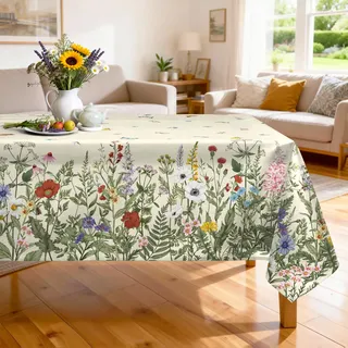 Arquiel Gras Blume Tischdecke Rechteckig Abwaschbar Tischdecken Polyester Wasserabweisend, Grün Frühlings Tischwäsche Dekoration für Küche Garten Party, 152×264 cm