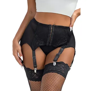 ohyeahlady Strapshalter mit Metallclips für Damen Sexy Strumpfhalter Spitze Strapsgürtel mit 6 Halter Strapsen Dessous Set Große Größen Strumfband Strapsen Halter Strumpfgürtel Schwarz,XS-S