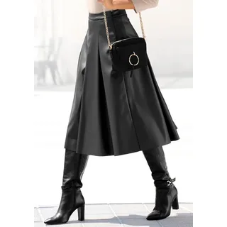 Lederimitatrock LASCANA "in Midilänge und ausgestellter Passform", Damen, Gr. 34, schwarz, Stoff, Obermaterial: 100% Polyester. Beschichtung: 100% Polyurethan, unifarben, figurumspielend kniebedeckend, Röcke Lederimitatrock, Midirock aus Kunstleder, hochgeschnittener Faltenrock in Lederoptik