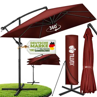 tillvex® Alu Sonnenschirm Rechteckig Ø 330 cm Rot + Abdeckung mit Kurbel | Ampelschirm Eckig mit Ständer | Gartenschirm UV-Schutz Aluminium | Kurbelschirm Marktschirm wasserdicht 360° drehbar - Rot