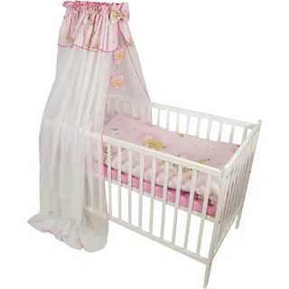 HAPPY 11 Teiliges Babybett Kinderbett und Bettwäsche komplett Set höhenverstellbar aus Massivholz für Neugeborene Babys und Kleinkinder (Rosa-Teddybär auf Leiter) - Rosa