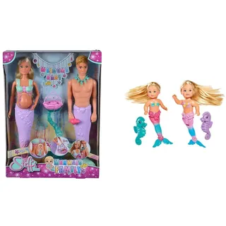 Simba 105733524 - Steffi Love Mermaid Family, ab 3 Jahren & 105733424 - Evi Love Little Mermaid, 2-sort., Evi als Meerjungfrau, bewegliche Schwanzflosse, mit Seepferdchen, 12cm,ab 3 Jahren