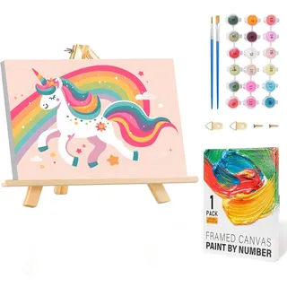 Malen Nach Zahlen Kinder mit Rahmen und Holzstaffelei, Einhorn 20x30cm | Einhorn Malen Nach Zahlen ab 5 6 7 8 9 10 Jahre Mädchen, Diy Acrylfarbe Paint by Numbers für Anfänger für Home Décor