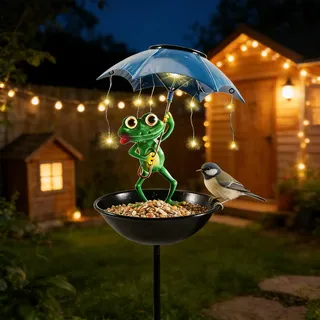 Begonia Solar Frosch Gartendeko mit Regenschirm, LED Lampe, Wetterfeste Statue für Außen, Dekorative Figur für Garten, Terrasse, Balkon, Rasen und Teich