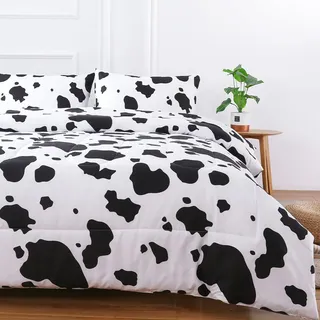 PERFEMET Bettwäsche-Set mit Kuh-Druck, Cartoon-Milchkuh-Druck, wendbar, kariert, Gitter-Bett-Sets für Kinder, Teenager, Jungen, Mädchen (Doppelbett, XL, Schwarz und Weiß)