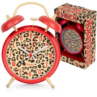 Fisura - Wecker analog ohne Ticken rot mit Leopardenmuster, origineller Metall Wecker analog 11,7x5,5x16 cm, LED Licht, leiser Alarm mit Aufschrift “Better Late Than Ugly”.