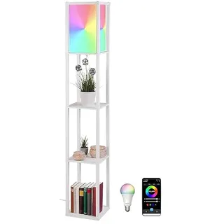 Lunartec LED Stehlampe dimmbar: Stehlampe aus Holz mit Regal, weiß inkl. Smarte WLAN-LED (RGB&CCT) (mit Fernbedienung, Design Stehleuchte, Leselampe)
