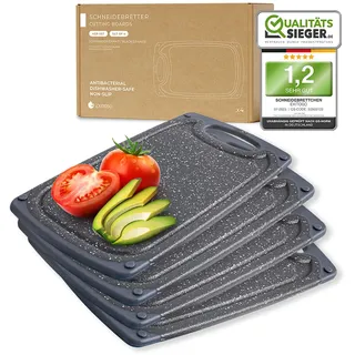 Exitoso Frühstücksbrettchen 4er Set mit Saftrille & Griff aus Kunststoff | Rutschfestes & spülmaschinenfestes Schneidebrett | Antibakterielles Brettchen Set | BPA-Frei & beidseitig verwendbar