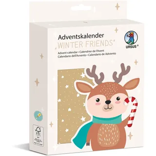 Ursus 2487 00 00F - Adventskalender „Winter Friends“, 24 Tüten aus Kraftpapier, inkl. Stickern & Holzwäscheklammern, DIY Set zum Adventskalender basteln