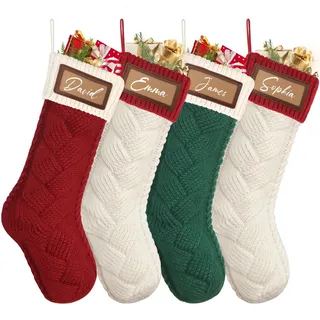 Dremisland 4 Stück Große Weihnachtsstrumpfe Personalisiert 46cm Grün Rot Nikolausstrumpf mit Namensschilder Gestrickt Weihnachtssocken Kamin Christmas Stockings für Feiertags Familien Party Dekor