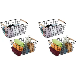 Relaxdays Drahtkorb, 2er Set, Metall, Holzgriffe, HxBxT 16 x 31 x 21 cm, eckiger Aufbewahrungskorb, Bad & Küche, schwarz (Packung mit 2)