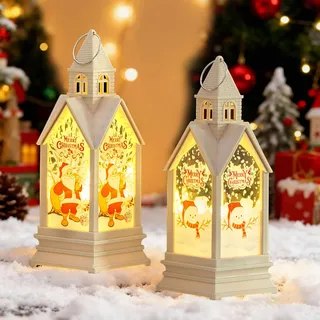 SPERMUOY Weihnachtsdeko Laterne Häuser,2 Stück Weihnachtslaterne mit LED Weihnachtsdeko Laterne Weihnachtslaterne mit Warmweißes LED Licht Weihnachtsdekoration innen