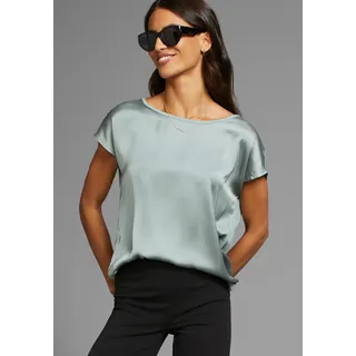 Shirtbluse LAURA SCOTT "mit Satin-Vorderteil und hochflexiblen Jersey-Rücken", Damen, Gr. 46, grau (graugrün), Web, Obermaterial: 100% Polyester. Rückenteil: 95% Viskose, 5% Elasthan, leicht glänzend, unifarben, lässig geschnitten hüftlang, Rundhals, angeschnitten, Blusen Shirtbluse, lockere Passfrom, zeitlos & gut zu kombinieren, Topseller