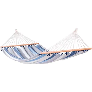 La Siesta Hängematte double bar outdoor , Weiß, Hellblau, Dunkelblau , Holz, Textil , Bambus , 160x350 cm , wetterbeständig, UV-beständig, regenabweisend , Gartenmöbel, Loungemöbel