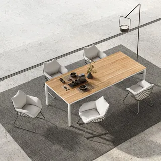 solpuri Set Soft, Chill - Das Set besteht aus: 1 x Tisch Soft weiß, Platte Teak, 5 x bzw. 6 x Diningses...