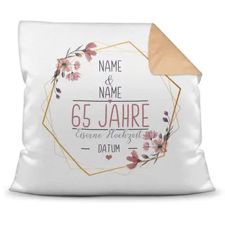 Kissen Hochzeitstag Eiserne Hochzeit - mit Name & Datum selbst gestalten - 65 Jahre Ehe, Geschenk Hochzeit, Jubiläum, Jahrestag - Hochzeit Farbkissen Rückseite Mokka, 40x40 cm I Personalisiert
