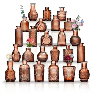 Kleine Glasvasen Set von 24, für Tischdekoration, Hochzeit, Empfang, Zuhause, Vintage-Flaschen, Transparent, Dekorative Glasvasen mit Deckeln (24, Bernstein)