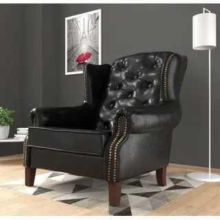 s-style möbel Sargans Chesterfield Sessel Ohrensessel Für Wohnzimmer Schlafzimmer Louge Büro Loungesessel Polstersessel Cocktailsessel Holzbeine Öko Leder Schwarz 102 x 93 x 102 cm