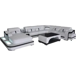 Ecksofa Eckgarnitur Eckcouch Sofa Couch Polster Wohnlandschaft Tisch USB LED Neu - Weiß