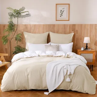 ATsense Bettwäsche 155x220 Baumwolle 2teilig, Beige Bettwäsche-Sets 100% Gewaschene Baumwolle mit Leinen Textur, Oeko-TEX für Allergiker 1 Bettbezug mit 1 Kissenbezüge 80x80 cm