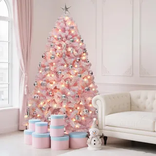 YITAHOME 180cm Beleuchteter, Rosa beflockter Weihnachtsbaum, Beleuchteter, Rosa Fichten-Weihnachtsbaum mit 928 beflockten PVC-Spitzen und 250 warmweißen Lichtern für die Dekoration zu Hause