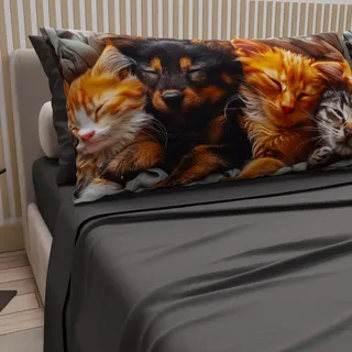 PETTI Artigiani Italiani - Bettwäsche Tiere mit Katzen und Hunden aus Baumwolle mit Kissenbezügen im Digitaldruck, Bettwäsche für Doppelbett, Dunkelgrau, 100% Made in Italy