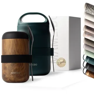 MAMEIDO Thermobehälter für Essen 500 ml, Müslibecher to go Edelstahl, Thermobecher Essen auslaufsicher, Ideal für Joghurt, Porridge, Brei, Suppen & Eis (Oak Wood)