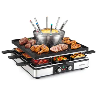 COSTWAY Raclette Grill mit Fondue, Elektrogrill 2200W 8 Personnen, Tischgrill elektrisch mit doppelter Thermostate, antihafter Grillplatte & 8 Pfannen - Schwarz