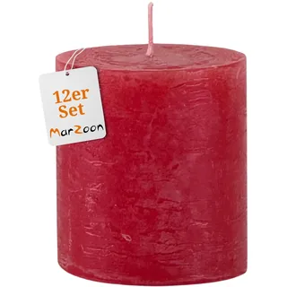 Marzoon Rustik Stumpenkerzen Rot 12er Set Ø 4 x 4,5 cm - durchgefärbte mini Kerzen im Antik-Look - lange Brenndauer & rußarm - Alternative zu Teelichtern - Deko Kerzen aus Europa