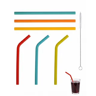 UEAVOID Silikon Strohhalme & Trinkhalme wiederverwendbar, 6 Stück (3 gerade, 3 gebogen), BPA-frei, mit 1 Reinigungsbürste für Kinder, Cocktails & Smoothies.