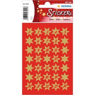 Herma 3924 Aufkleber Sterne Gold Zahlen 1-24 klein, 102 Stück, 14 mm, Stern Sticker aus Papier, Weihnachtssticker Sternaufkleber für Weihnachten Geschenke Adventskalender Dekoration Kinder Belohnung