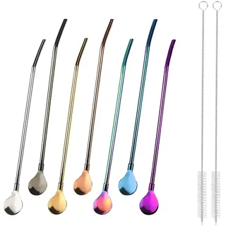 KAIAIWLUO Trinkhalm Löffel,7 PCS Trinkhalmlöffel für Slush + 2 Stück Reinigungsbürste Edelstah Strohhalme mit Löffeln Wiederverwendbare Metall Kaffeestrohhalme für Smoothies Milchshakes Cocktail
