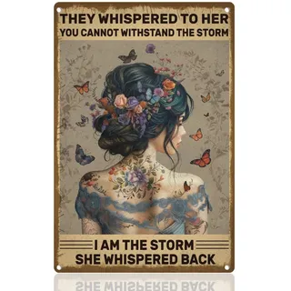 Doodlearm Tattoo Frauen Blechschild Mit Inspirierendem Zitat Motivierend Retro Metall Wanddekoration 20x30 cm I Am The Storm Wandkunst Poster für Schlafzimmer Büro Café Club Bar Dekor Geschenk