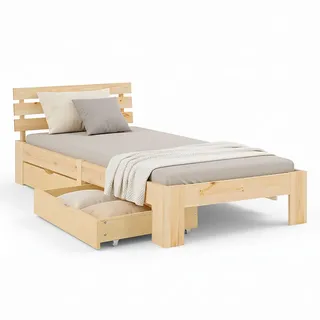 Homestyle4u Holzbett mit Schubladen natur Einzelbett mit Lattenrost Bettkasten Bett Holz Kiefer - Naturbelassen