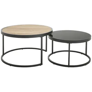 Mid.you Couchtischset , Schwarz, Eichefarben , Metall, Glas, Holzwerkstoff , 2-teilig , rund , rund , 65x80x80 cm , einfacher Aufbau , Wohnzimmer, Wohnzimmertische, Satztische