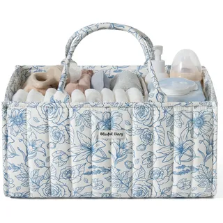 Blissful Diary Wickeltisch-Organizer, Wickelkorb für die Wickelstation, Stilvoller Wickelorganizer für Babybedarf, Unverzichtbares Geschenk zur Geburt und für die Baby-Wunschliste,Blaues Blumenmuster