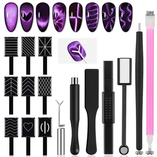 TOROKOM 17-teiliges Cat Eye Nagelmagnet Set – Magnetische Stahlkugel-Pens, Doppelkopf-Magnetstift, Y-förmiger & Quadratischer Magnet, 9 Design-Magnetplatten für Nail Art, DIY & Profi