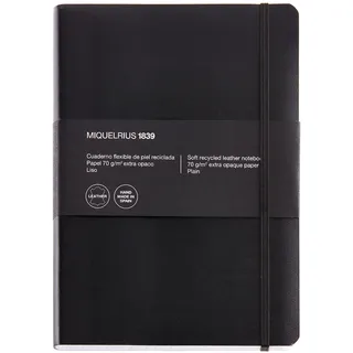 Miquelrius - Flexibles Notizbuch aus recyceltem Leder, Format 4o 152 x 210 mm, 100 Blätter à 70 g/m2, Extra-opakes Papier, Liniert, Mit Gummibandverschluss, Ohne Index, Farbe Schwarz