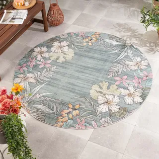 Volero - Rund Outdoor Teppich - Poppy Olivgrün - Ø 140 cm - Balkon, Garten, Terrasse, Küche, Wintergarten - Boho - Grün