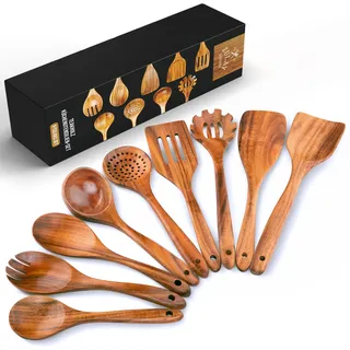 Zulay Kitchen Kochlöffel Holz Set aus Teak - Holzlöffel zum Kochen, Holzkochlöffel, Holzkochlöffel Klein | Küchenutensilien Holz Kochlöffel Premium Qualität, Wooden Spoons Kuchenhelfer, Set 9