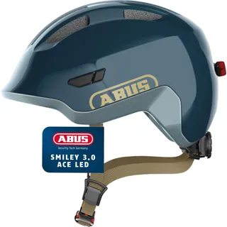 ABUS Kinderhelm Smiley 3.0 ACE LED - Fahrradhelm mit Licht - tiefe Passform & Platz für einen Zopf - für Mädchen und Jungs - Blau Glänzend, Größe M