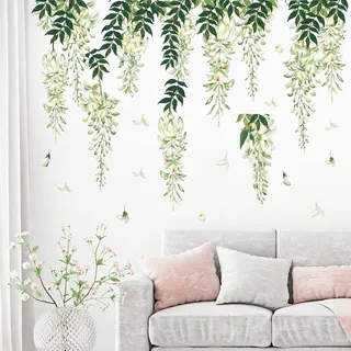decalmile Wandtattoo Hängende Rebe Grün Wandaufkleber Glyzinien Blume Blätter Wandsticker Schlafzimmer Wohnzimmer Sofa Hintergrund Wanddeko
