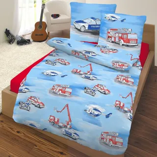 termana Bettwäsche · Feuerwehr Fahrzeuge & Polizei Autos - Kissenbezug 80x80 + Bettbezug 135x200 cm - 100% Baumwolle (Renforce) Wendebettwäsche für Jungs und Mädchen